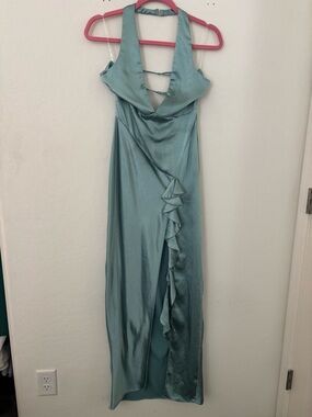 Oh Polly Size 2 Sage Satin Halter Maxi Dress Backless Slit